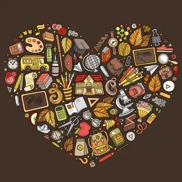 Colorful vector hand drawn set of School cartoon doodle objects イラスト素材