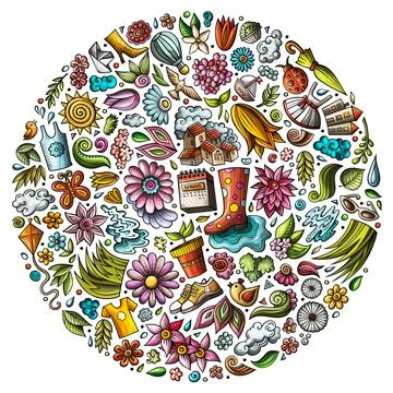 Colorful vector hand drawn set of Spring cartoon doodle objects Stock Illustration