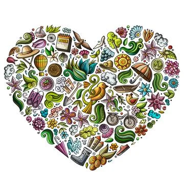 Colorful vector hand drawn set of Spring cartoon doodle objects Stock Illustration