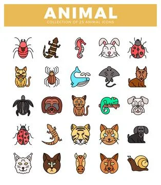 Colorful vector icons of various animals arranged in a grid on a white back.. Stock Illustration