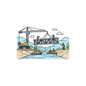 Colorful vector illustration of bridge construction over river Stock Illustration