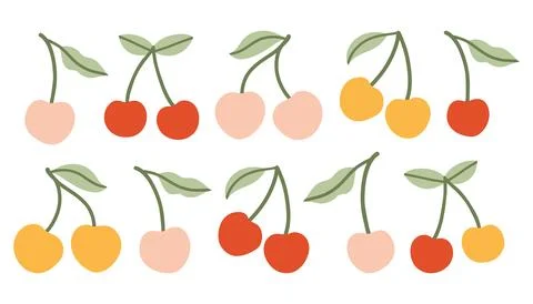 Colorful vector illustration of cherry pairs and single berries with green Stock Illustration