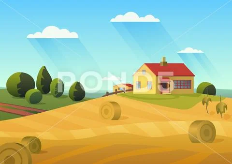 Colorful vector illustration of farmhouse in countryside with golden haystacks Stock Illustration