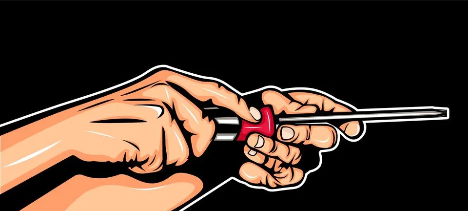 Colorful vector illustration of a hand using a screwdriver, suitable for re.. Stock Illustration