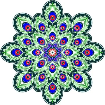 Colorful vector mandala peacock leaf seamless round design Stock Illustration