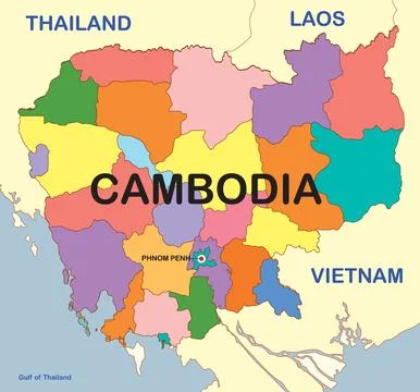 Colorful Vector Map of Cambodia with Borders Stock Illustration