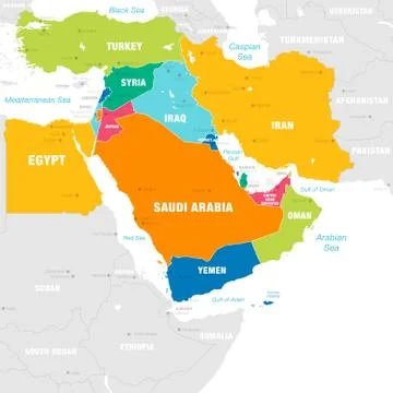 Colorful Vector map of the Middle East Zone Stock Illustration