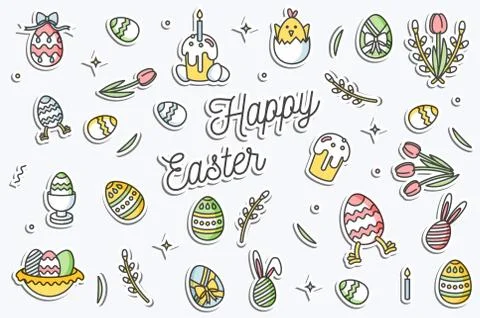 Colorful vector patch badges with Happy Easter icon. Vector linear design Easter Stock Illustration