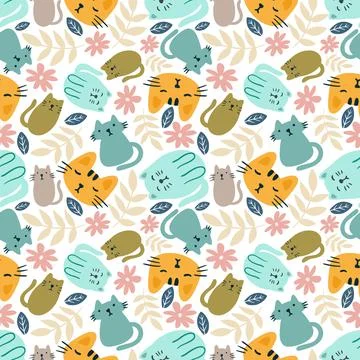 Colorful vector pattern with cute animals and leaf イラスト素材