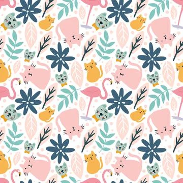 Colorful vector pattern with cute animals and leaf Stock Illustration