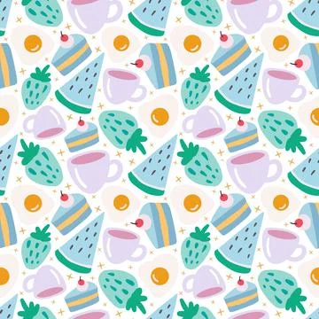 Colorful vector pattern with dessert food and cup Stock Illustration