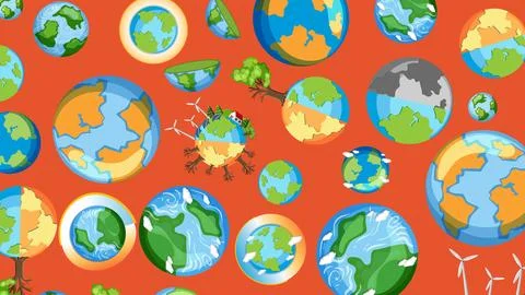 Colorful vector pattern of Earth globes illustrating climate change, pollutio Illustrazione stock