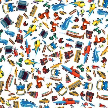 Colorful Vector Pattern of Various Transportation Vehicles and Public Transit Stock Illustration