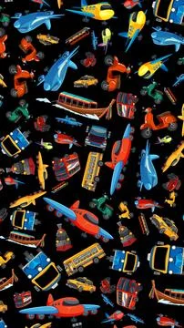 Colorful Vector Pattern of Various Transportation Vehicles on Black Backgroun Stock Illustration