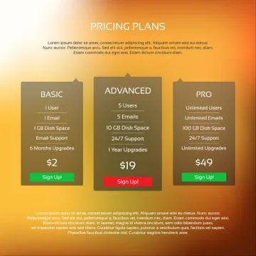 Colorful vector pricing table with three plans for your website and aplicatio Stock Illustration