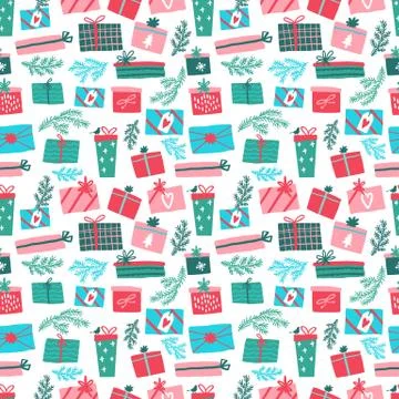 Colorful Vector seamless gift pattern. gift boxes on a white background. Colors 스톡 일러스트