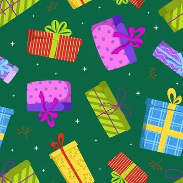 Colorful vector seamless pattern with bright gift boxes for Christmas and Hap Stock Illustration