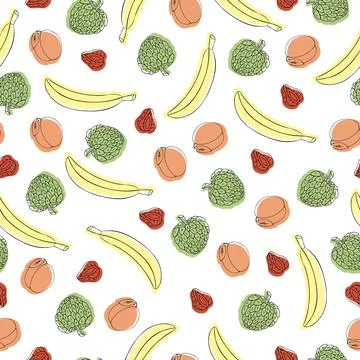 Colorful Vector Seamless Pattern with Cartoon Doodle Cute Fruits and Berries. Stock Illustration