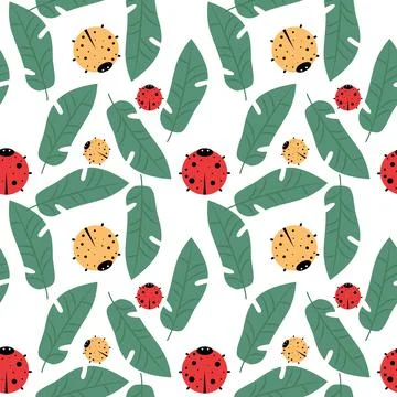 Colorful vector seamless pattern with ladybugs and leaves. Endless nature bac Stock Illustration