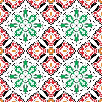 Colorful vector seamless pattern with red and green flowers Stock Illustration