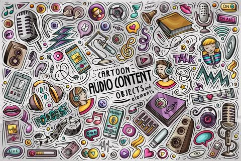 Colorful vector set of Audio content theme objects and symbols Stock Illustration
