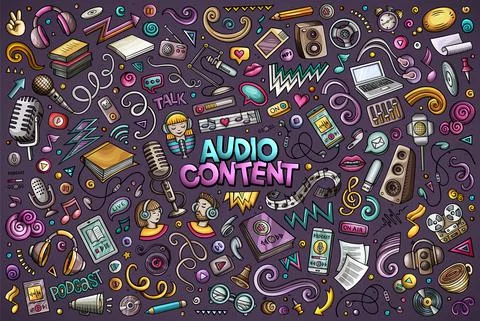Colorful vector set of Audio content theme objects and symbols Stock Illustration