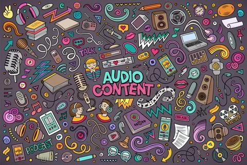 Colorful vector set of Audio content theme objects and symbols Stock Illustration