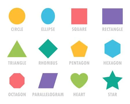 Colorful vector set of basic geometric shapes. Circle, triangle, star, hexagon Stock Illustration