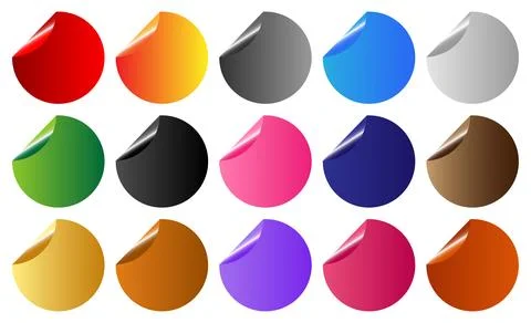 Colorful vector set of blank round stickers labels with curled fold Ilustração Stock