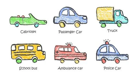 Colorful vector set of crayon-drawn vehicles including police, passenger car Stock Illustration