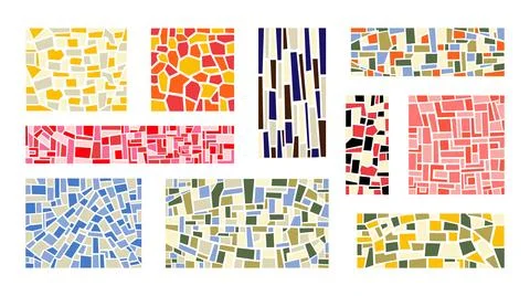 Colorful vector set of textures, patterns, backgrounds with geometric motifs. Stock Illustration