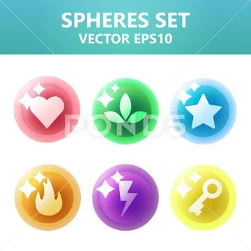 Colorful vector spheres set with symbols inside. Assets set for game design.. Stock Illustration