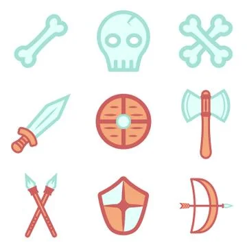 Colorful vector weapons and bones icon set. Assets set for game design and .. Stock Illustration