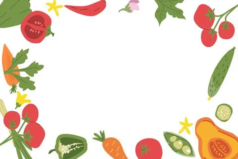 Colorful vegetable border featuring assorted fresh produce on black backgroun Stock Illustration