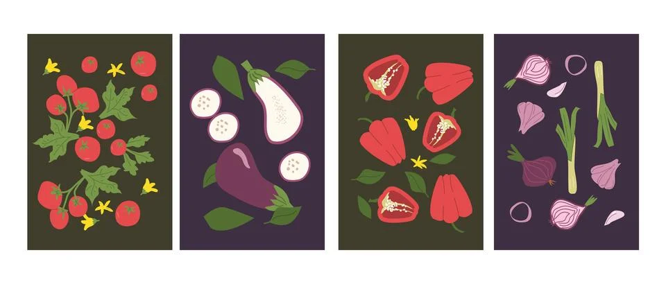 Colorful vegetable illustrations featuring tomatoes, eggplants, peppers, and Stock Illustration
