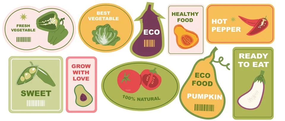Colorful vegetable label designs featuring peppers, pumpkin, eggplant, and more Stock Illustration
