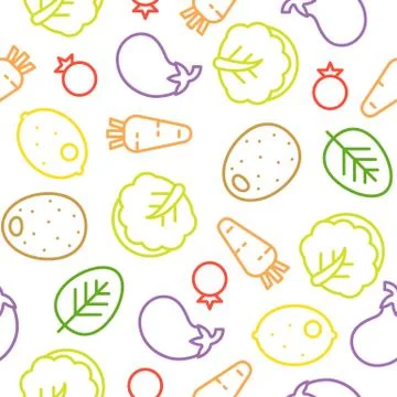 Colorful vegetable line seamless pattern, Chinese cabbage, eggplant, lemon, t Stock Illustration