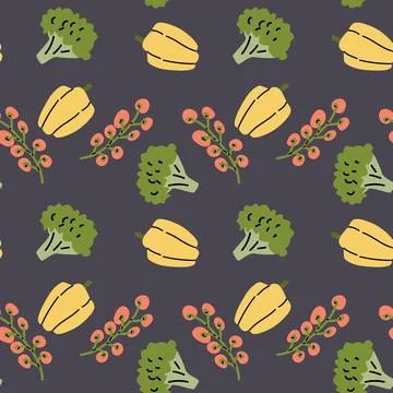 Colorful vegetable pattern with broccoli, squash, and berries on dark backg.. Illustrazione stock