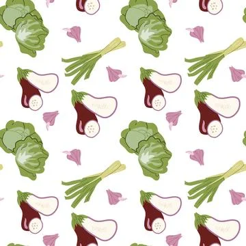 Colorful vegetable pattern with eggplants, lettuces, and garlic on white Stock Illustration