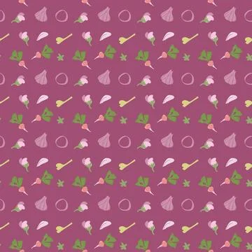 Colorful vegetable pattern with radishes, beets, garlic, and peas on pink Stock Illustration
