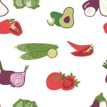 Colorful vegetable pattern with tomatoes, peppers, cucumbers, avocado, and Illustrazione stock