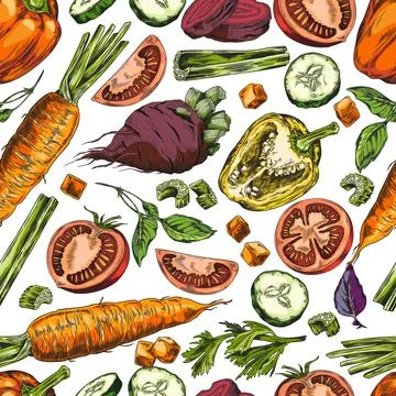 Colorful vegetable sketches vector pattern Stock Illustration