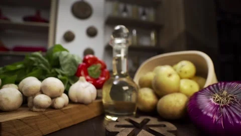 Colorful vegetables are on the kitchen table, ingredients for cooking at home Stock Footage 93878468