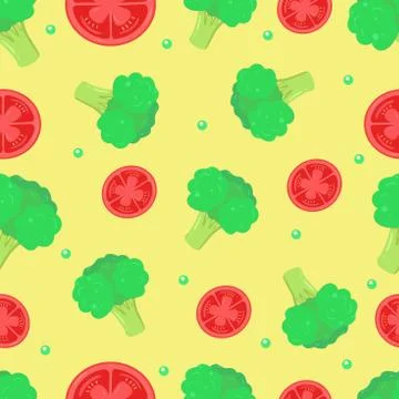 Colorful vegetables seamless pattern with tomatoes and broccoli on yellow. Illustration