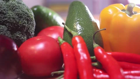 Colorful vegtables close up on a kitchen table. Video stock 144023647