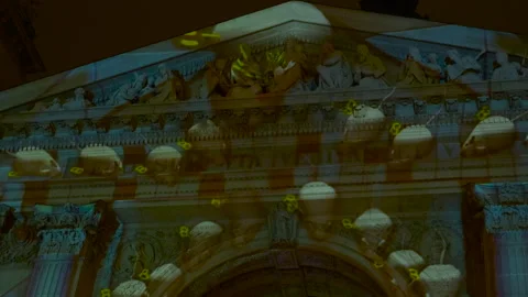 Colorful video mapping show on an ancient church facade Stock Footage 334243170