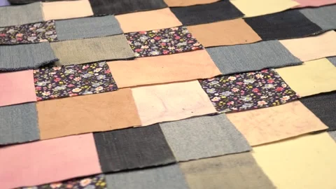 Colorful vintage textile patchwork background with denim elements in blue tones Stock Footage 260640434