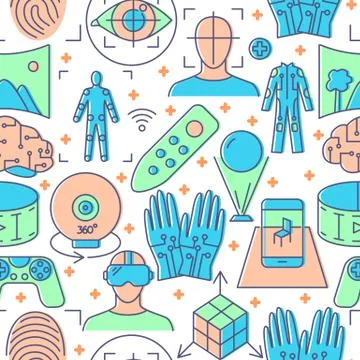 Colorful virtual reality seamless pattern in line style Stock Illustration