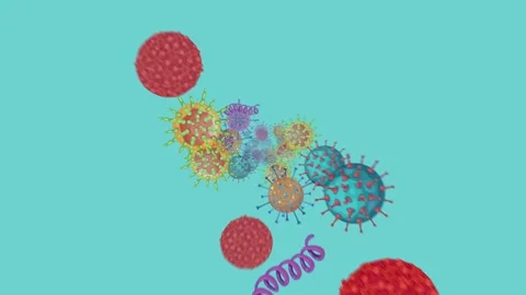 Colorful Virus Particles Moving Across Blue Background Animation Stock Footage 313655176