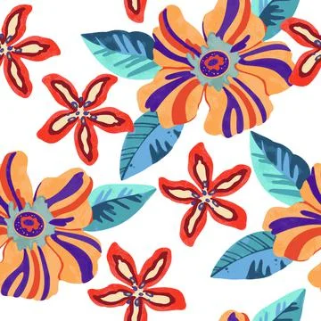 Colorful vivid psychedelic pattern with abstract tropical flowers for fabric Stock Illustration